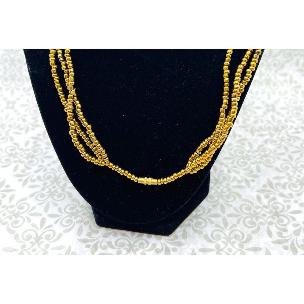 Handcrafted Beaded Necklace Red & Gold Tones Multi-Strand Twist Clasp 10.5” - Picture 3 of 3